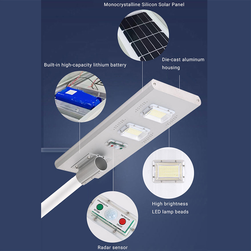 Motion Sensor Die Cast อลูมิเนียม 50w 100w 150w 200w 250w ไฟถนนพลังงานแสงอาทิตย์ในตัว